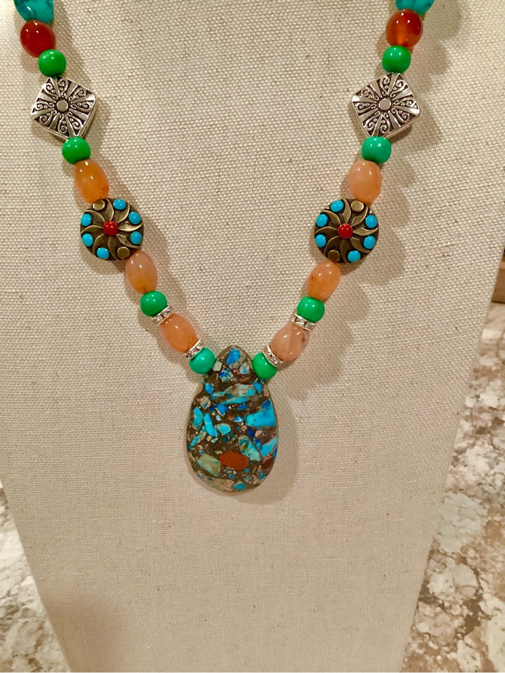 Artisan Handcrafted Turquoise & Orange Beaded Pendant Necklace - Picture 2 of 10